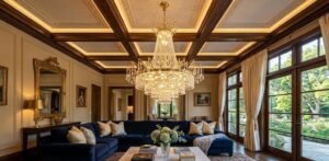 Sophisticated integrated linear LED channel lighting and discreet spotlights in an architectural living room ceiling, highlighting a modern approach to best ceiling lights for living room design.