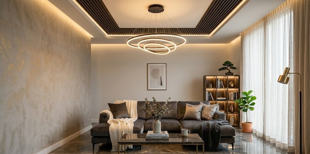 A luxury living room interior with a glowing circular LED light fixture, dark marble flooring, textured gold-accented walls, and elegant contemporary furniture under warm ambient lighting.