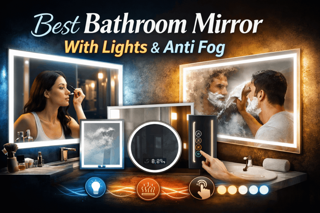 best bathroom mirror with lights and anti fog showing LED illuminated mirror with clear reflection vs foggy mirror after shower