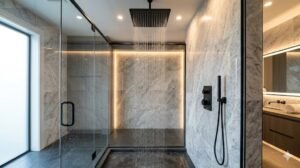 modern bathroom with thermostatic rainfall shower system installed in a walk-in shower