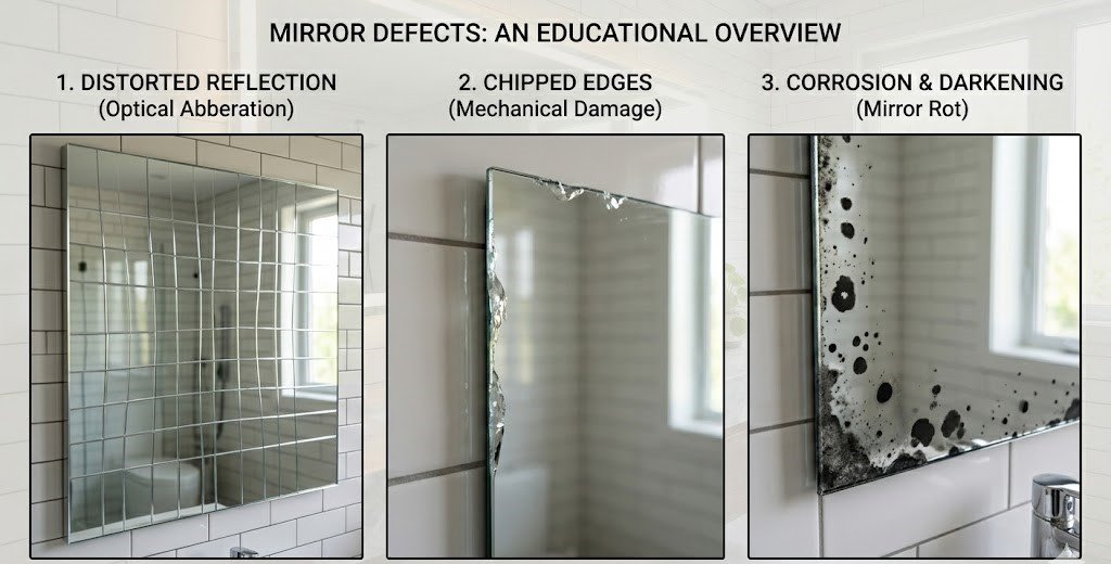 “Collage showing common mirror defects: wavy reflection, chipped edges, and black-edged corners