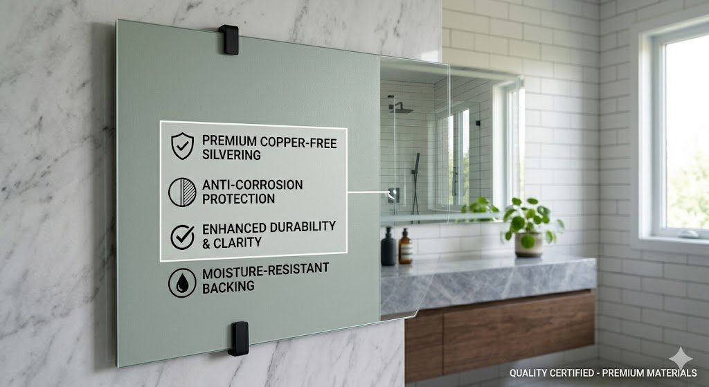 Back of a mirror showing silver copper-free anti-corrosion backing for durability”