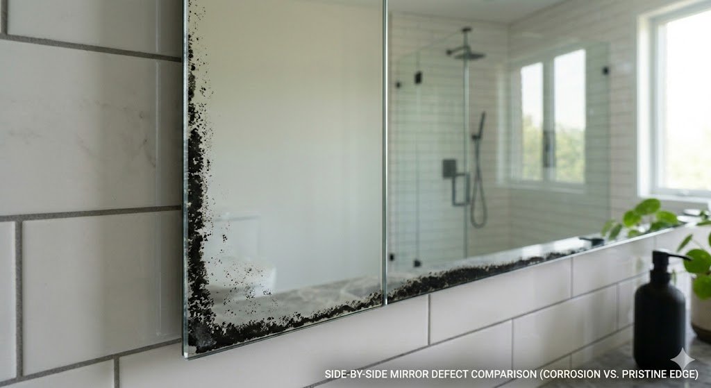 Close-up of mirror corner with black edges caused by corrosion or poor backing”