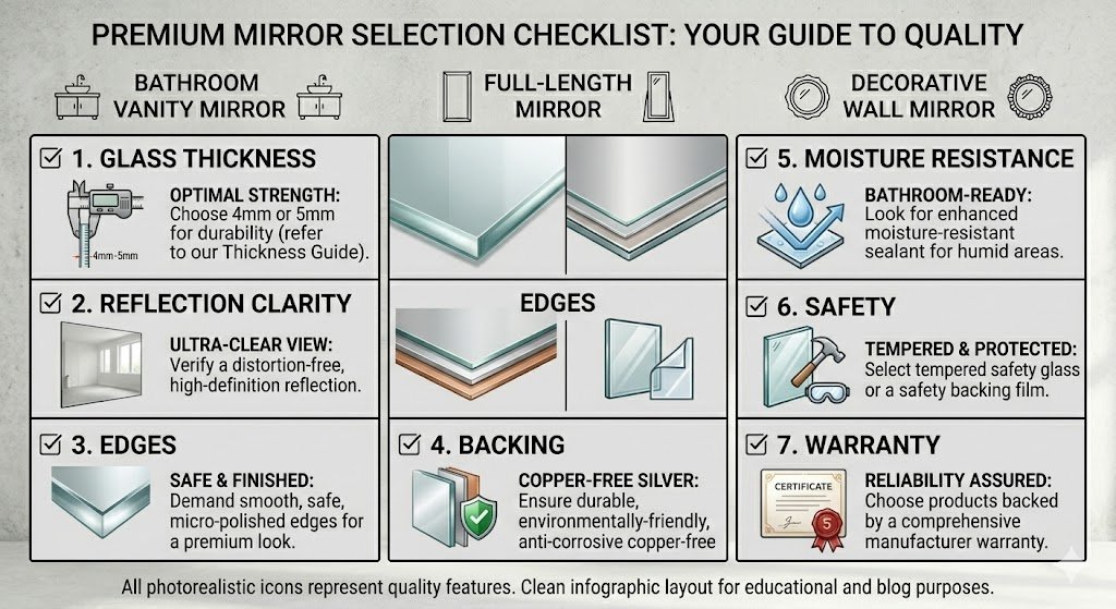“Checklist infographic for buying mirrors including thickness, reflection clarity, edges, backing, moisture resistance, safety, and warranty”