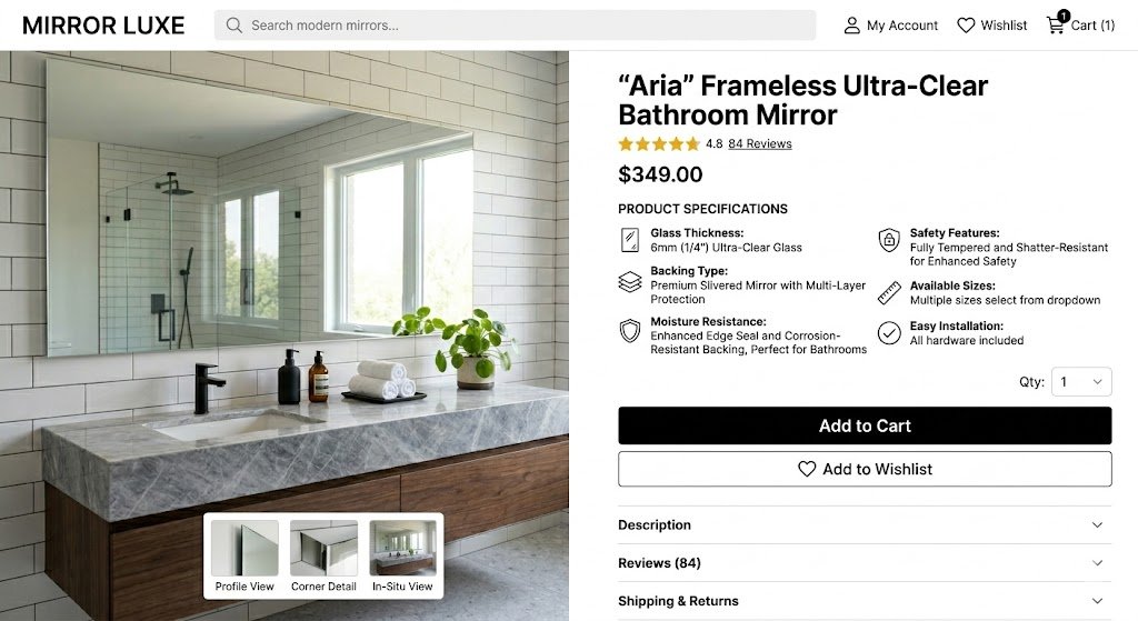 Screenshot-style mockup of online mirror product page with zoomed-in images and highlighted specs