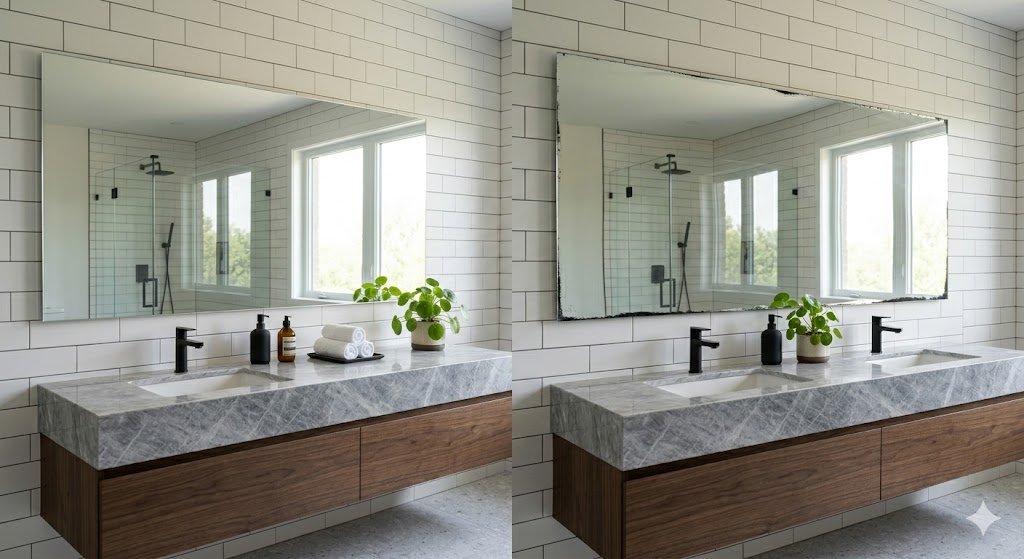 Side-by-side comparison of a high-quality clear mirror and a low-quality distorted mirror with black edges