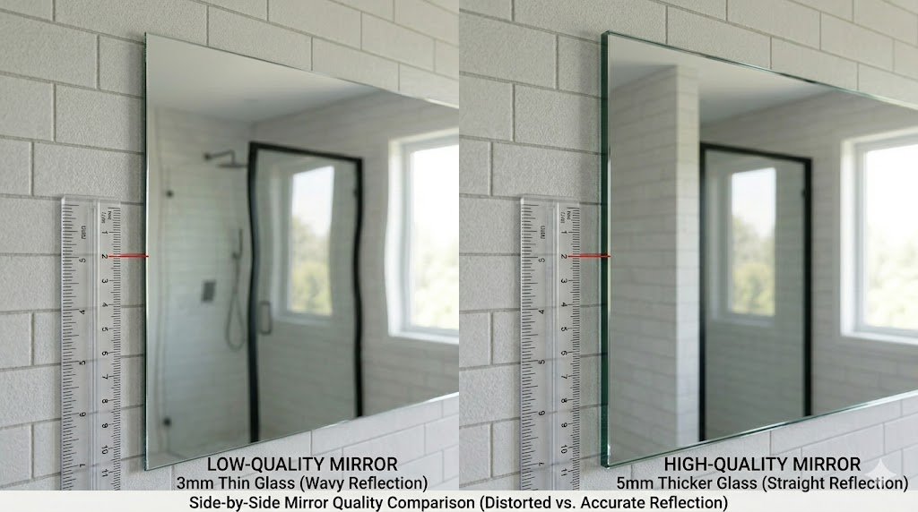 “Straight line reflected in a wavy low-quality mirror vs a clear high-quality mirror”