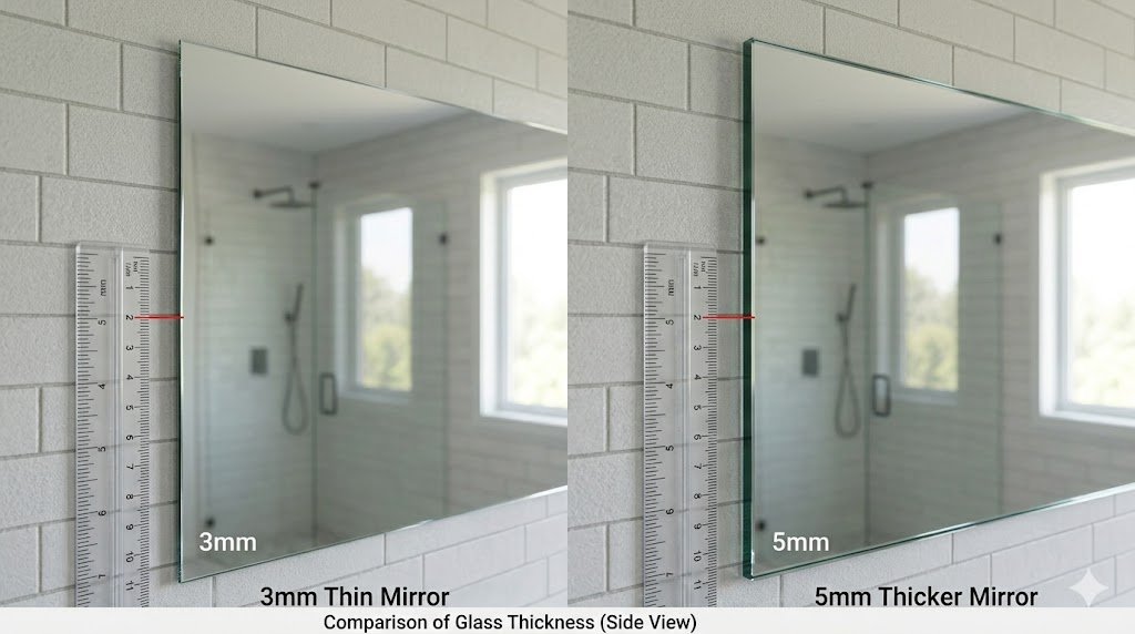 “Side-by-side comparison of 3mm vs 5mm mirror glass with ruler highlighting thickness difference”