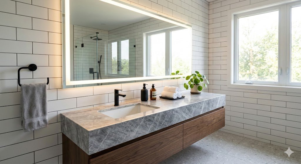 Ultra-modern bathroom with sleek floating vanity and large backlit mirror, bright and clean interior