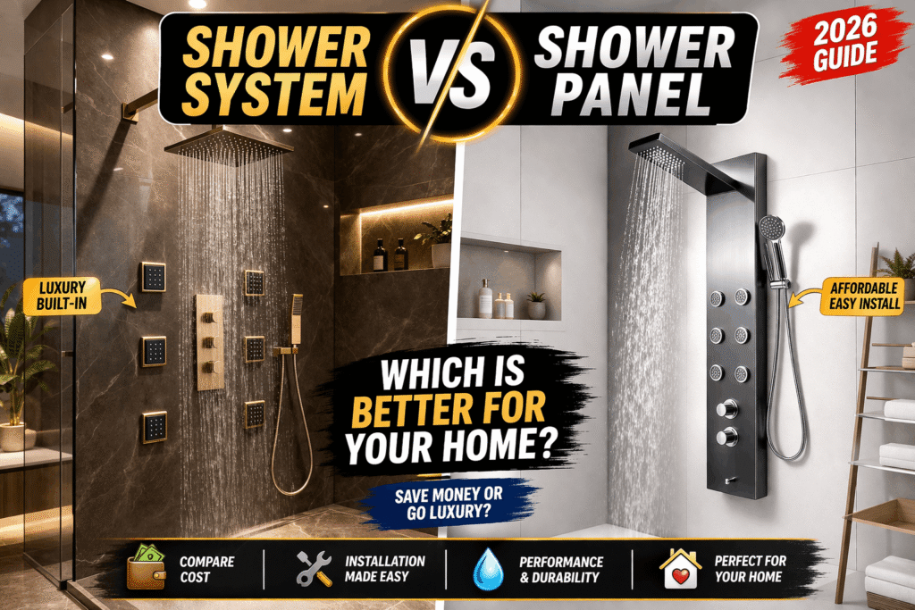Shower system vs shower panel which is better for home comparison showing luxury built-in shower system and modern shower panel design