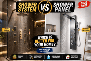 Shower system vs shower panel which is better for home comparison showing luxury built-in shower system and modern shower panel design