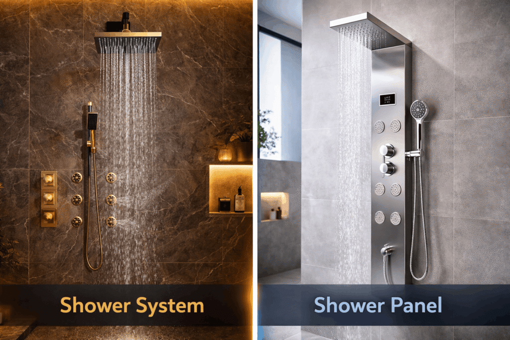 Shower system vs shower panel side by side comparison showing built-in luxury shower system and modern shower panel with jets