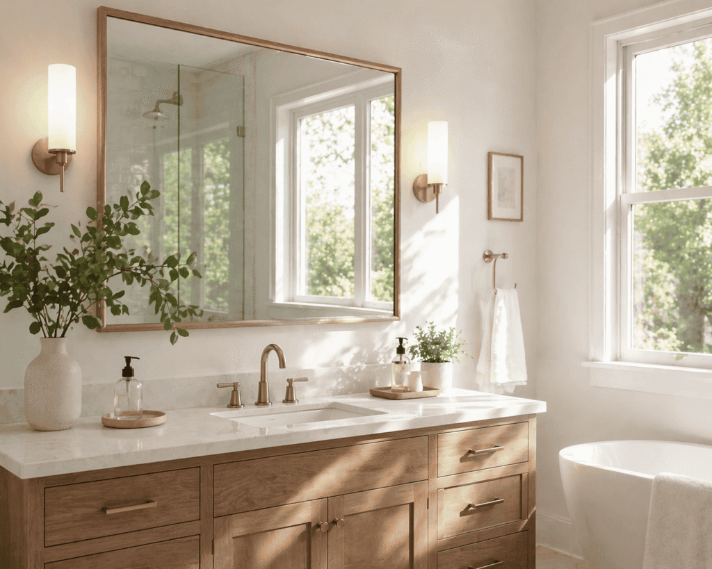 Bathroom mirror reflecting natural sunlight from a window to improve brightness