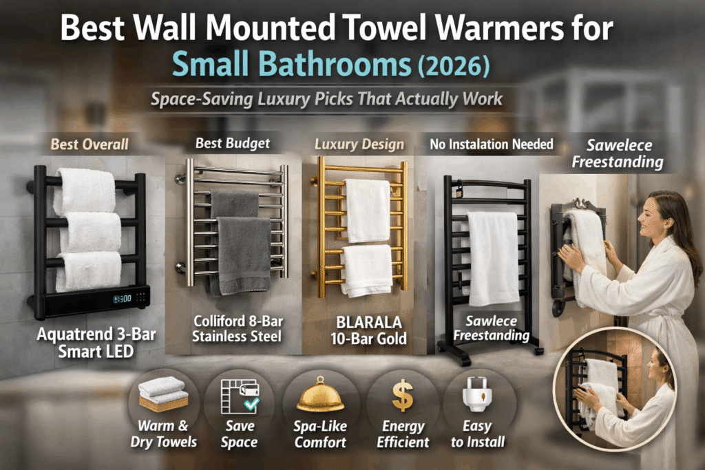 Best wall-mounted towel warmers for small bathrooms 2026 featuring Aquatrend 3-Bar, Colliford 8-Bar, BLARALA Gold, and Sawlece Freestanding models.