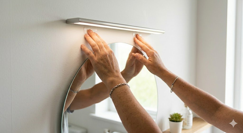Installing wireless LED bathroom light using adhesive strips