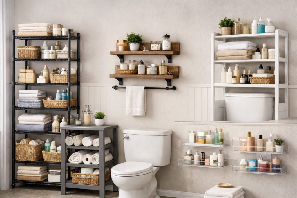 “organized bathroom with affordable storage shelves including metal rack, wooden floating shelves, and acrylic wall shelves for small space storage”