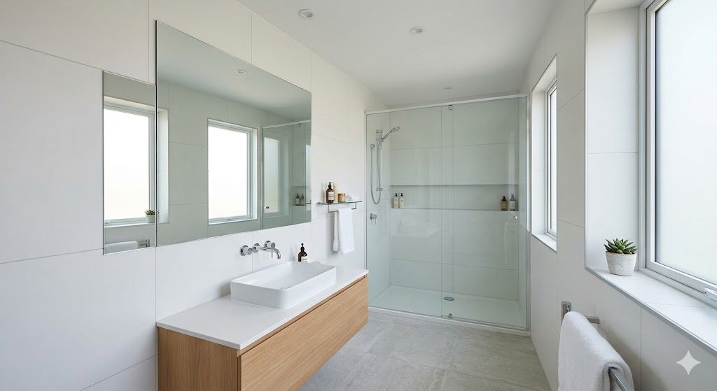Bathroom corner mirror enhancing light and making space look bigger