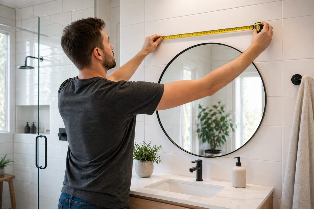 Measuring wall space above bathroom mirror for wireless light installation