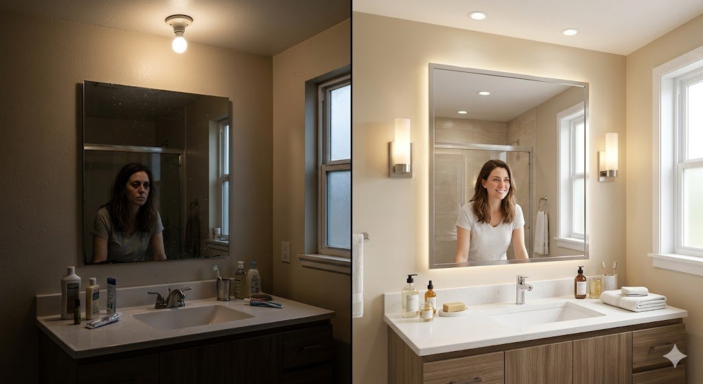 bathroom lighting mistakes vs correct lighting placement comparison
