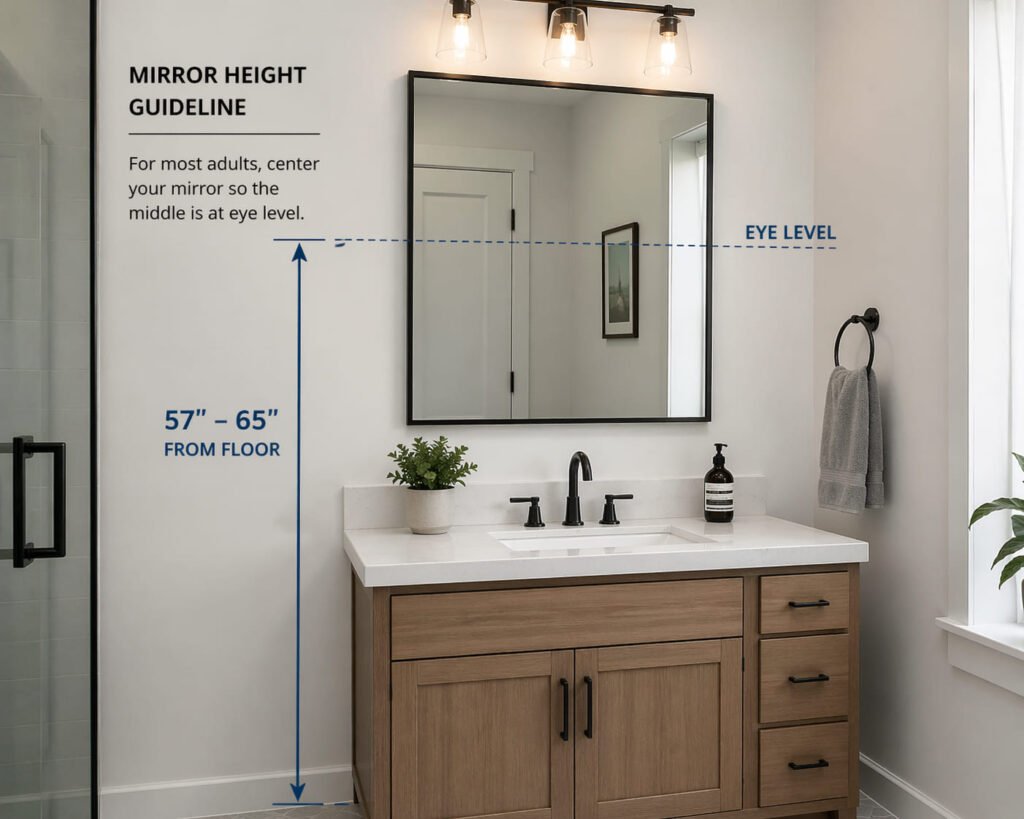 Bathroom mirror installed at ideal eye level height above sink for proper lighting