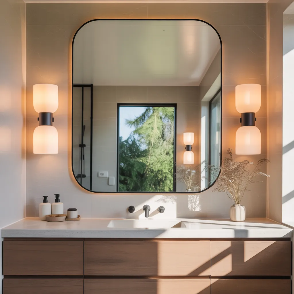 Modern bathroom with properly placed mirror and balanced lighting from natural and artificial sources