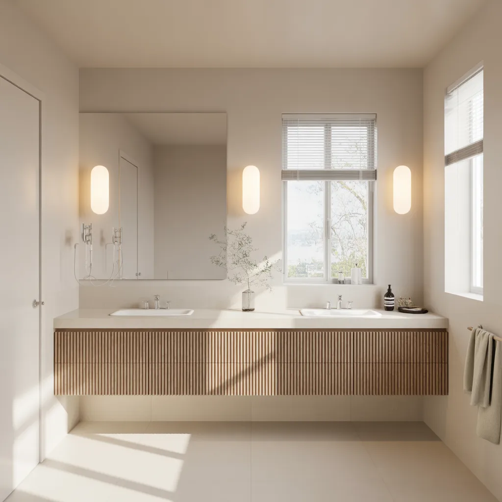 Modern bathroom with properly placed mirror and balanced lighting from natural and artificial sources