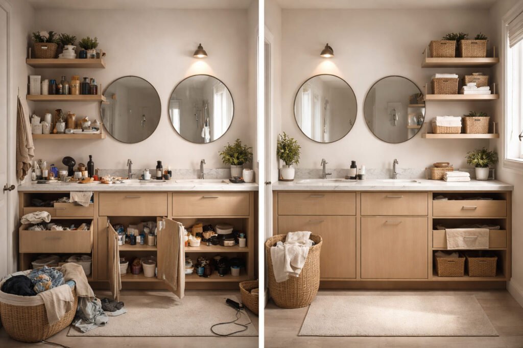 “Cluttered vs organized bathroom showing bathroom storage mistakes to avoid”