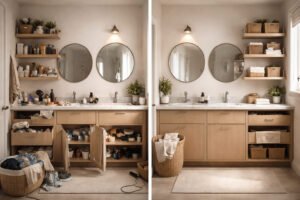 “Cluttered vs organized bathroom showing bathroom storage mistakes to avoid”