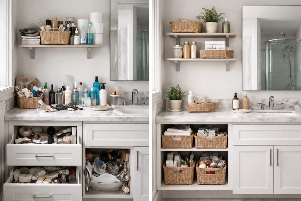 “Cluttered vs organized bathroom showing common bathroom storage mistakes to avoid”