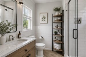 Modern bathroom with wall-mounted corner shelf above toilet, showcasing space-saving vertical storage with towels and decor in a clean minimalist design