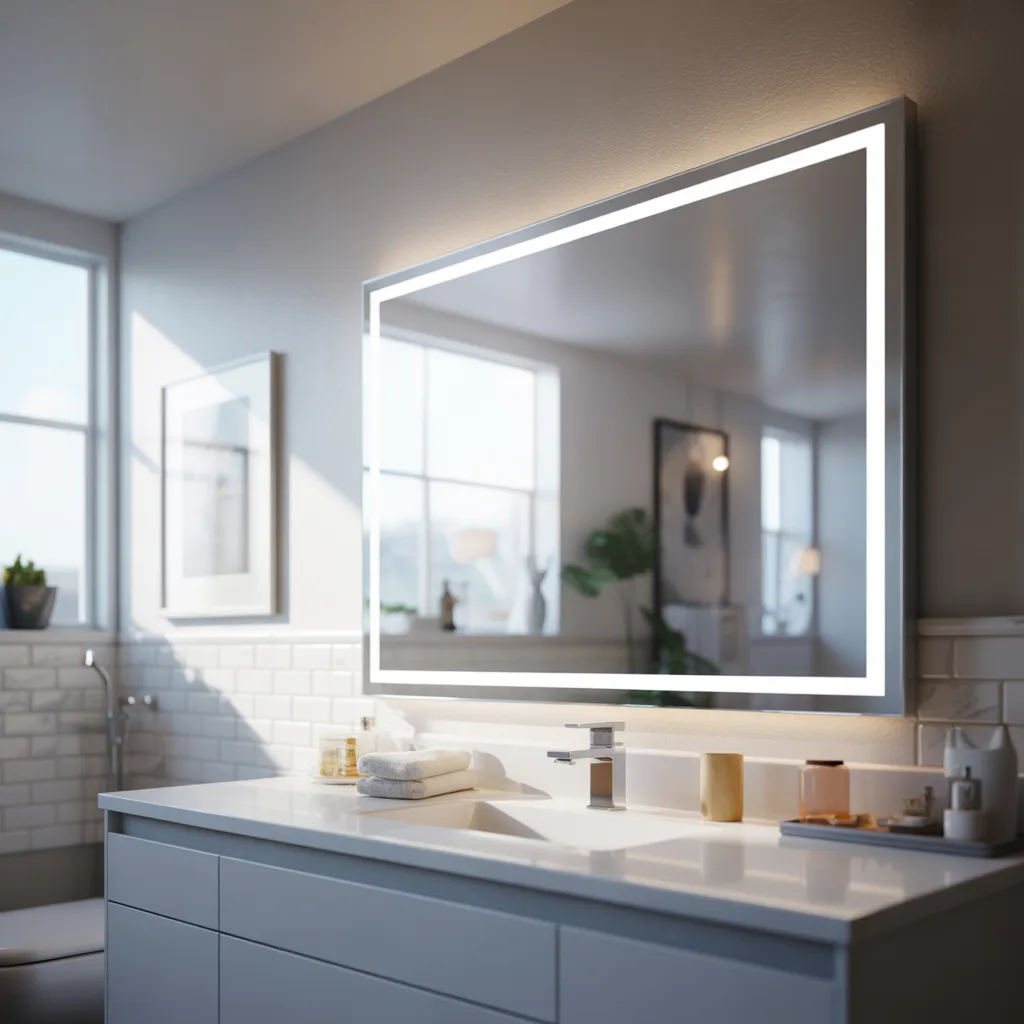 Best wall mounted bathroom mirrors in a modern luxury bathroom with LED frameless mirror and stylish vanity setup