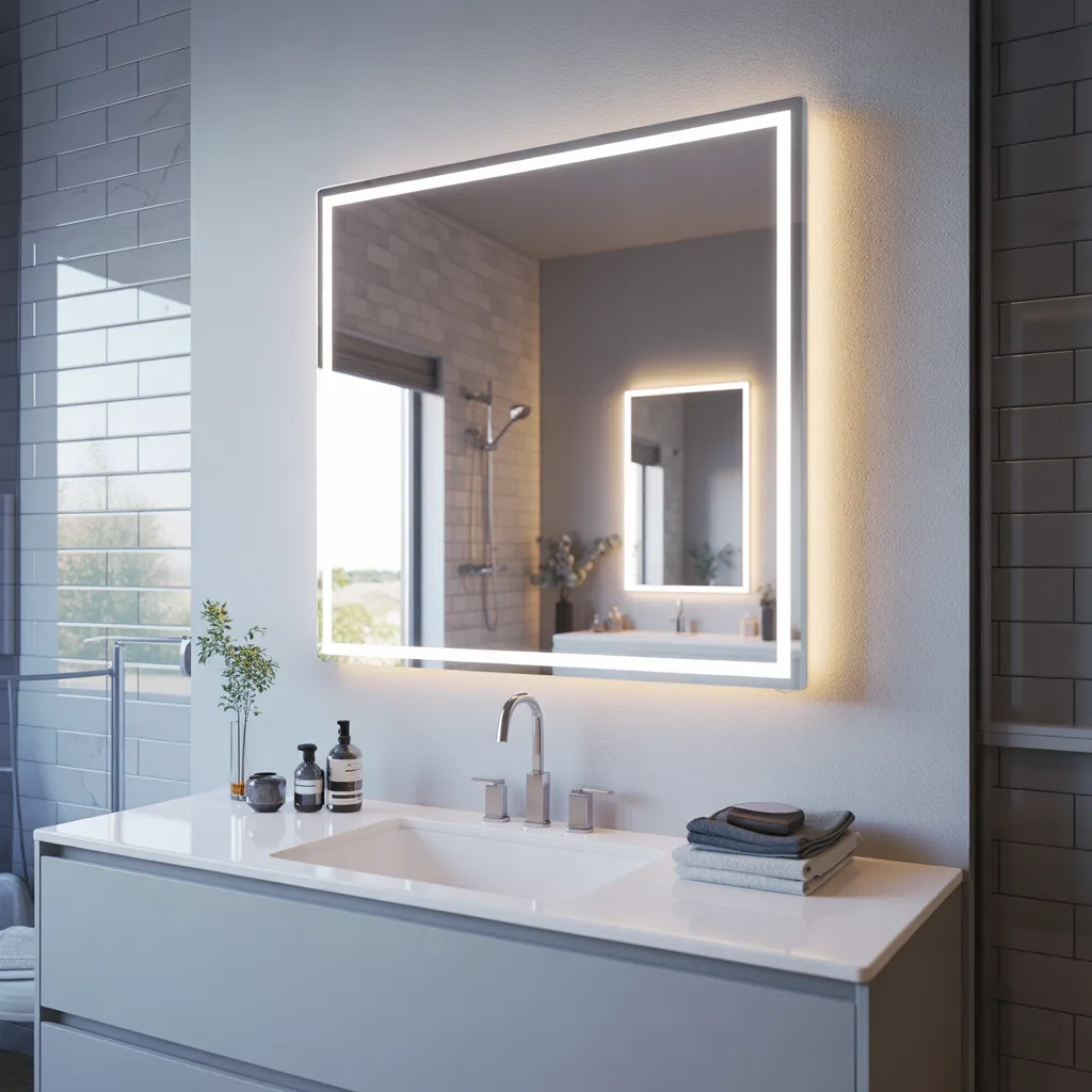 Best wall mounted bathroom mirrors in a modern luxury bathroom with LED frameless mirror and stylish vanity setup