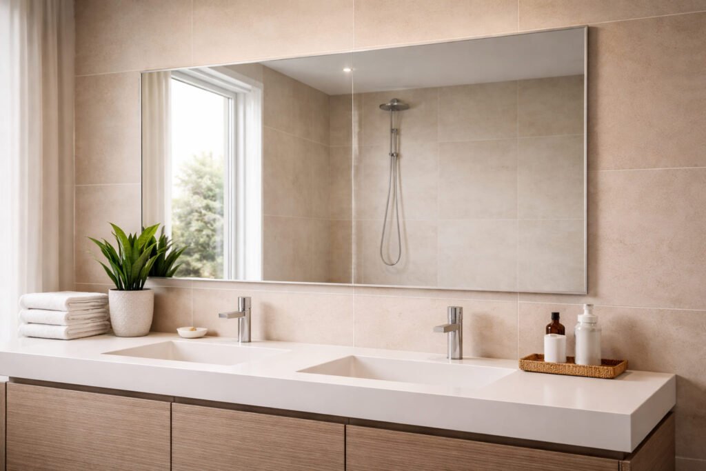clean bathroom mirror with no edge damage in low humidity environment