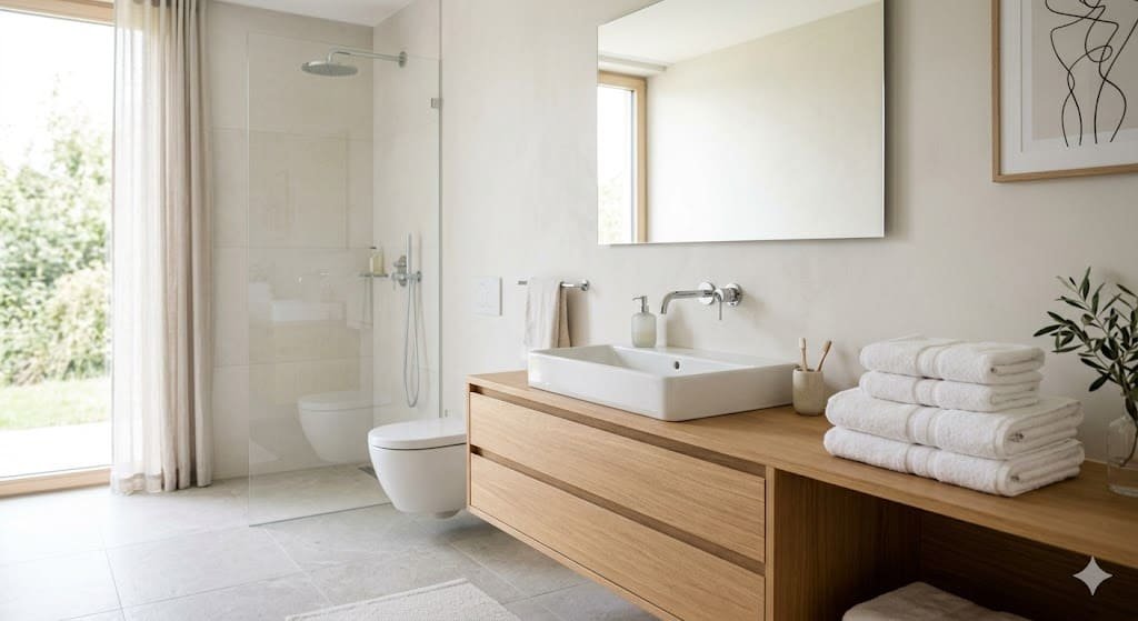 “Minimalist clean bathroom with smart storage and clutter-free countertop”