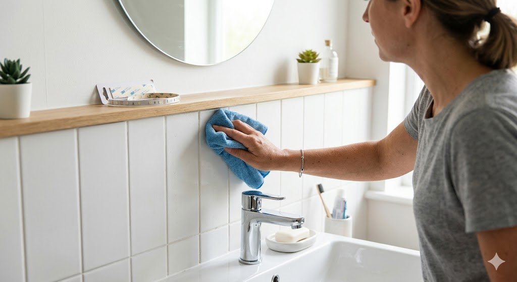 Cleaning bathroom wall surface before installing wireless light