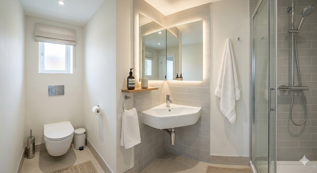 Compact corner sink design in a small modern bathroom