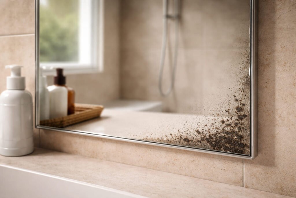 early signs of mirror desilvering with black spots on corners