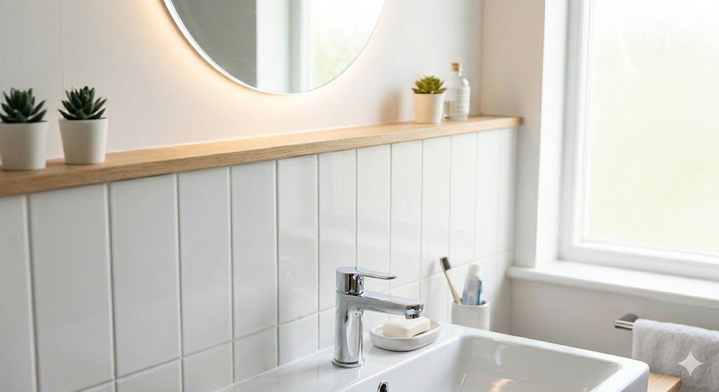 Finished bathroom lighting installation without wiring above mirror