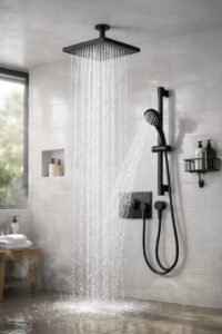 Photorealistic modern bathroom with a high pressure rainfall shower system featuring strong water flow, matte black fixtures, and clean white tiled walls