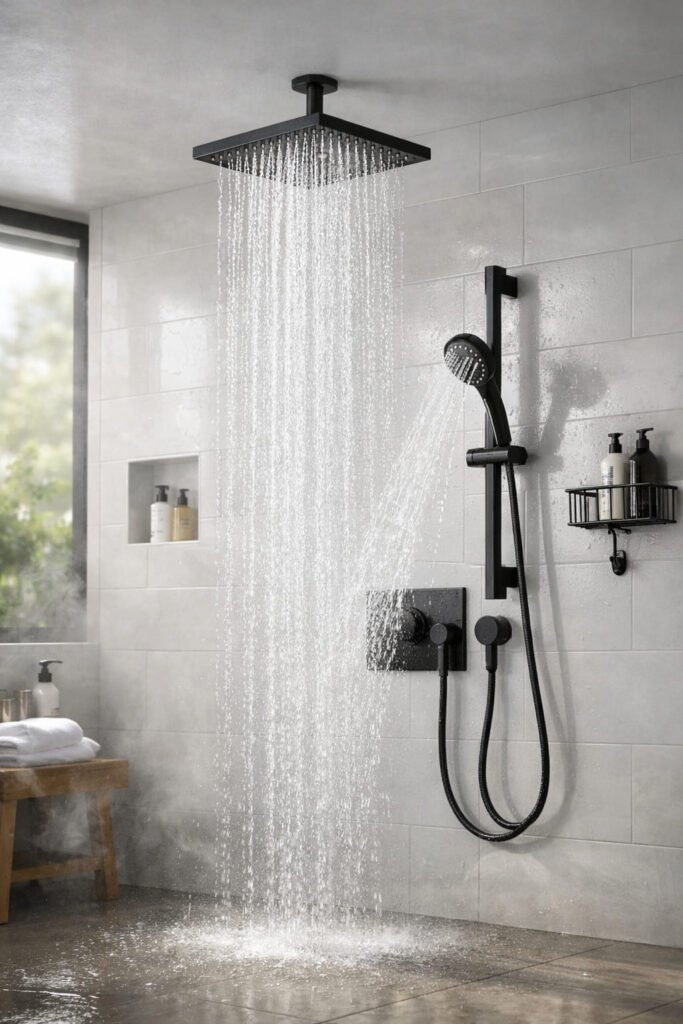 Photorealistic modern bathroom with a high pressure rainfall shower system featuring strong water flow, matte black fixtures, and clean white tiled walls