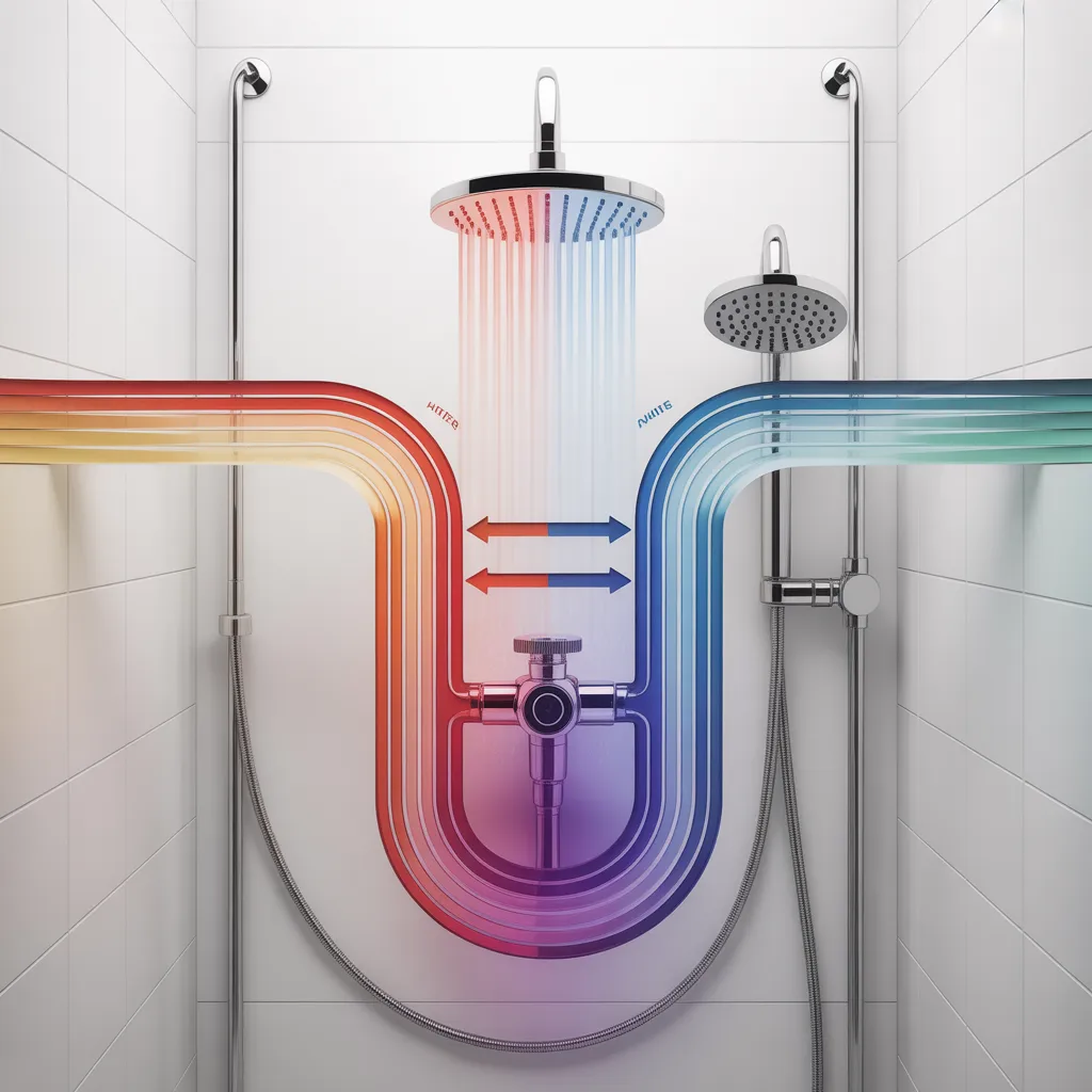 Illustration showing how water flows and mixes in a shower system