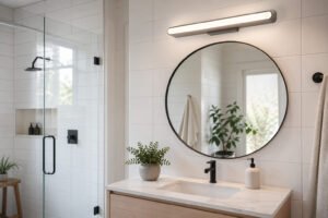 Modern bathroom showing wireless LED light installed above mirror without wiring