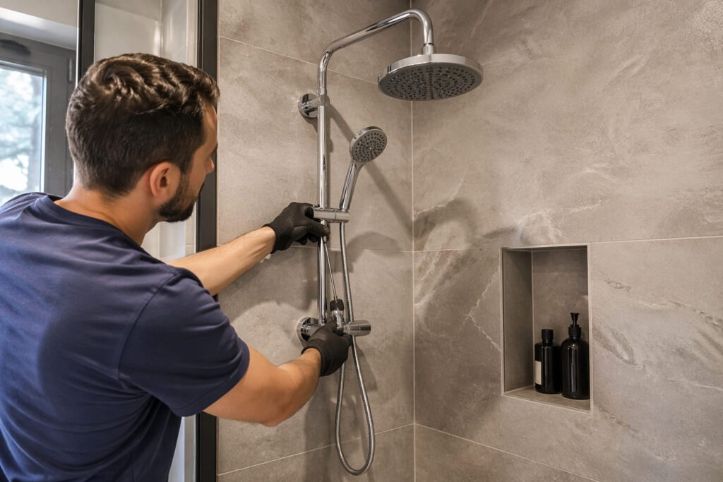 Realistic bathroom scene showing a person installing a modern shower system at home with chrome fixtures and tiled walls