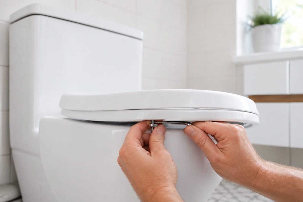 How to install a toilet seat step by step guide showing final tightening of bolts in modern bathroom