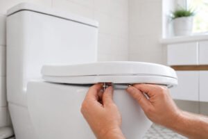 How to install a toilet seat step by step guide showing final tightening of bolts in modern bathroom