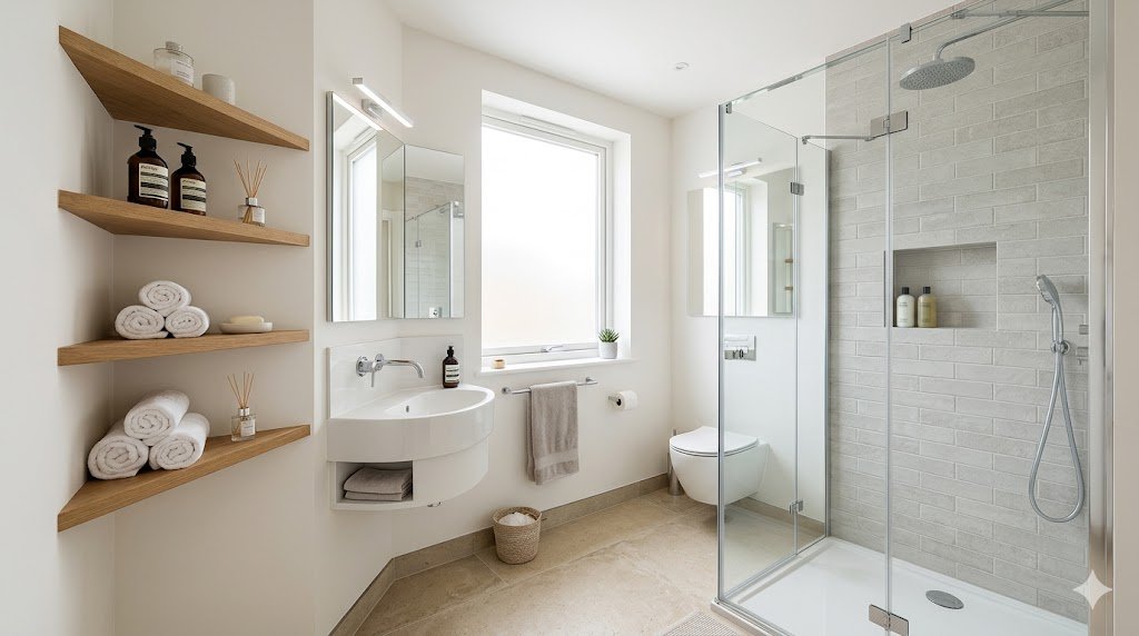 Modern small bathroom showing smart corner space utilization with sink, shelves, and shower design