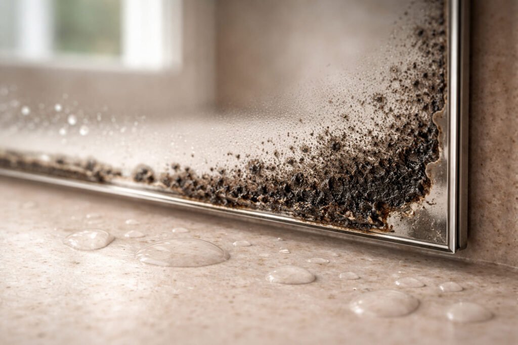 close up of mirror edge corrosion caused by moisture and oxidation