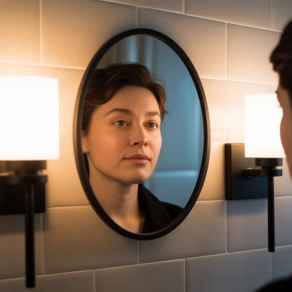 Close-up of a bathroom mirror reflecting light from wall sconces, showing even light distribution on a person’s face, soft shadows minimized, realistic indoor lighting, professional photography style