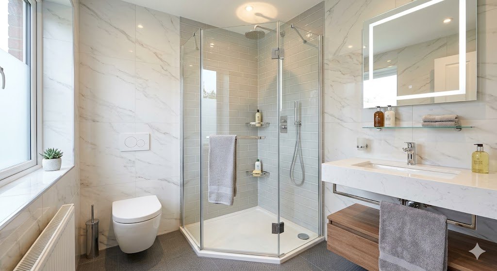 Modern glass corner shower maximizing bathroom space efficiently
