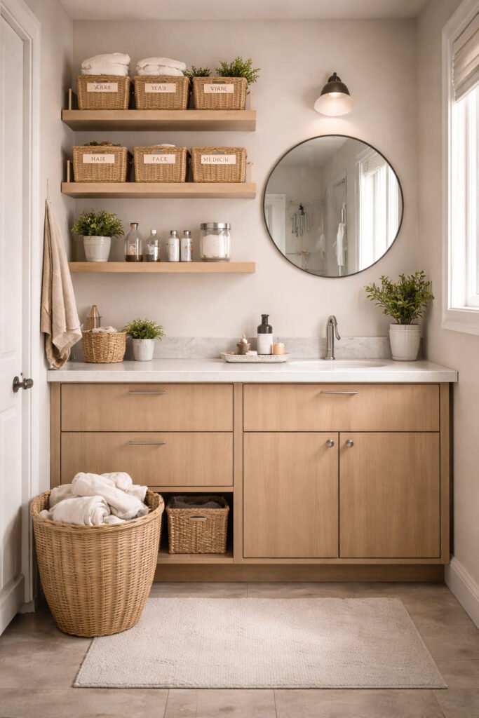 “Neatly organized bathroom with baskets, shelves, and smart storage solutions”